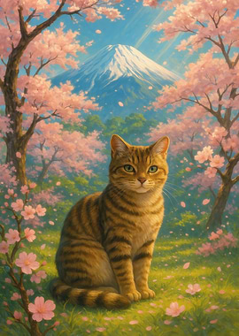 Cat in Cherry Blossom Landscape