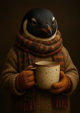 Penguin with Coffee in Winter Outfit