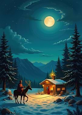 Winter Night Scene with Reindeer Rider