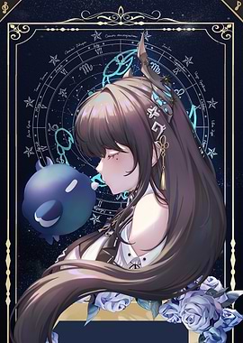 Anime Girl with Zodiac Background and Bird