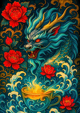 Dragon with Flowers and Tea Cup
