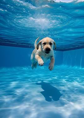 Puppy swimming underwater in a pool