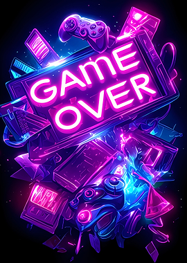 Neon Game Over Sign with Controllers