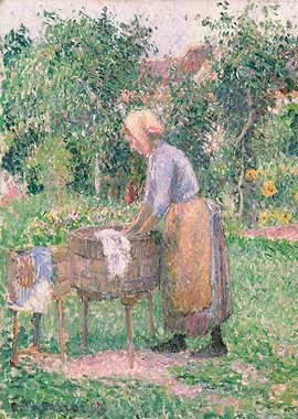 Woman Washing Clothes in Garden Painting