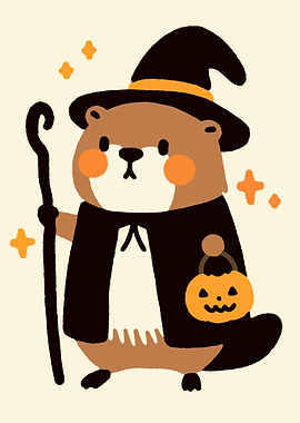 Cute Otter Witch Halloween Illustration