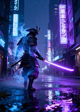 Cyberpunk Samurai in Rainy Cityscape