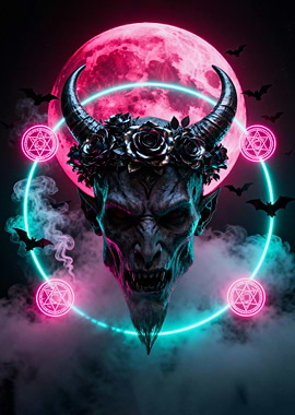 Demon with Roses and Pink Moon