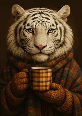 Anthropomorphic Tiger with Coffee Cup