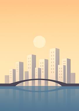 Minimalist Cityscape with Bridge and Water