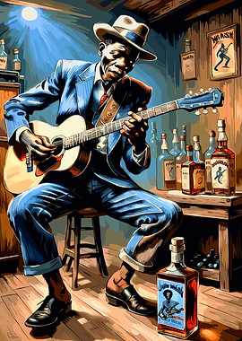 Blues Musician Playing Guitar in Bar