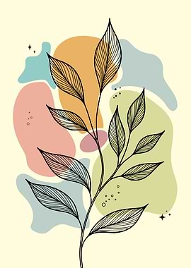 Minimal Botanical Line Art with Abstract Color Shapes