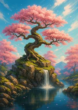 Cherry Blossom Tree Waterfall Landscape