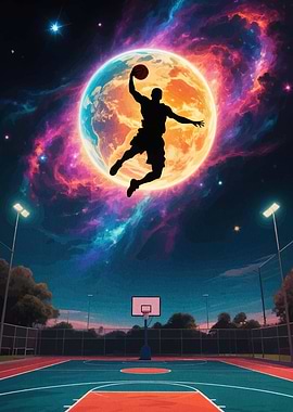 Basketball Player Silhouette with Cosmic Background