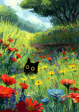 Black Cat in a Flower Field