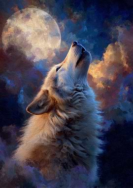Wolf Howling at the Moon Painting