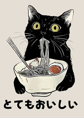 Black Cat Eating Ramen Illustration