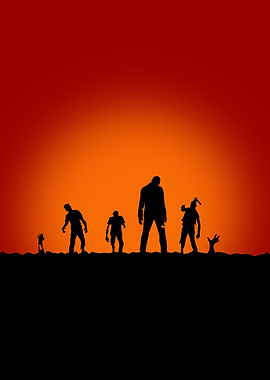 Zombie Silhouette Horde Against Orange Sky