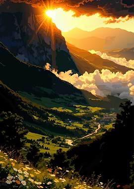 Mountain Valley Sunrise Landscape Painting