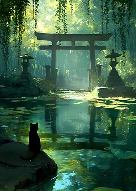 Black Cat at Forest Temple Pond