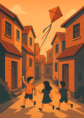 Children flying kite in village street