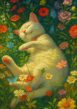 Happy Cat in Flower Garden