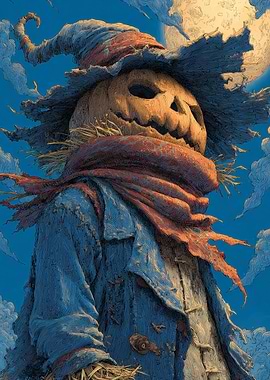 Scarecrow with Pumpkin Head and Moon