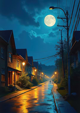 Night street with moon and lights