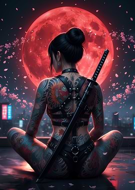 Tattooed Woman with Katana and Red Moon