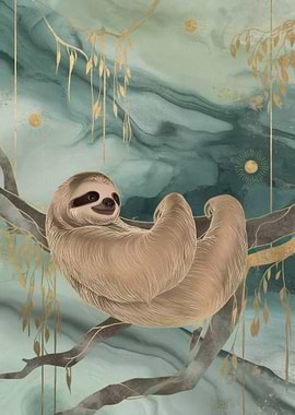 Sloth on Branch with Gold Accents