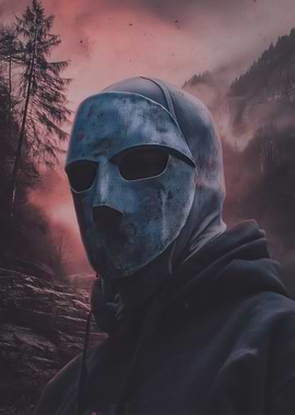 Masked Figure in a Forest Landscape