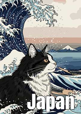 Cat in Japanese Wave Art Style