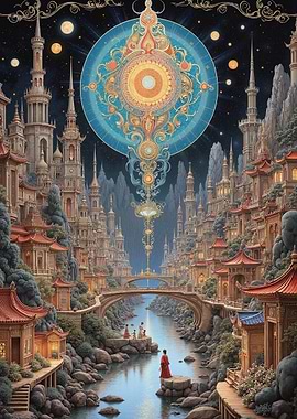 Fantasy Asian Cityscape with Celestial Orb