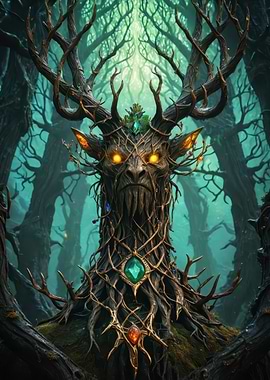 Ancient Forest Guardian — Antlered Tree Spirit with Glowing Gems