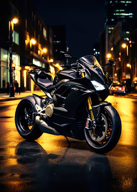 Sleek Black Motorcycle in City Night