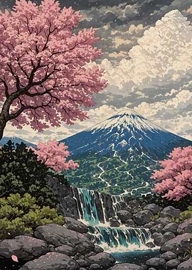 Mount Fuji with Cherry Blossoms Sakura Japanese Traditional Art
