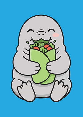 Cartoon Manatee Eating a Wrap