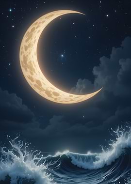 Crescent Moon Over Ocean Waves