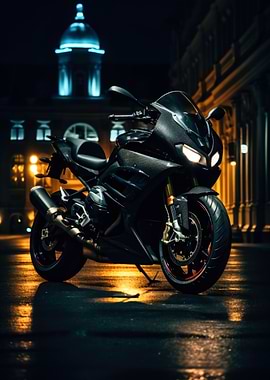 Sleek Black Motorcycle at Night