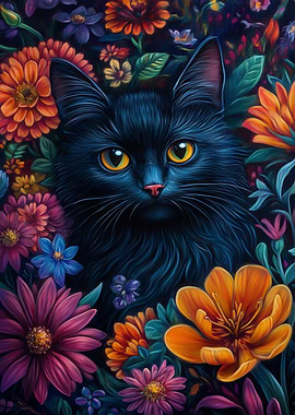 Black Cat in a Floral Garden
