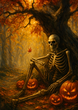 Autumnal Skeleton with Jack-o'-Lanterns