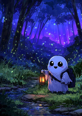 Cute Ghost with Lantern in Forest