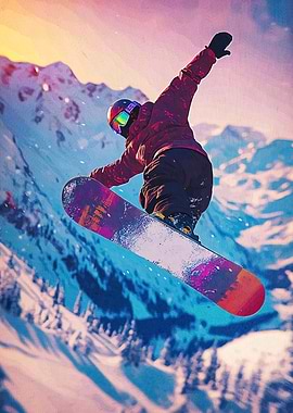 Snowboarder mid-air mountain