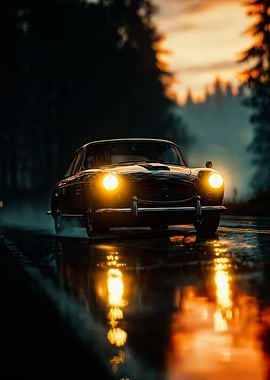 Classic Car on Wet Road at Dusk