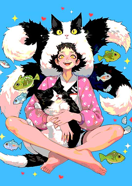 Girl with Cats and Fish