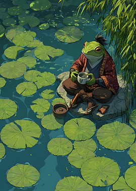 Frog Samurai Drinking Tea in Pond