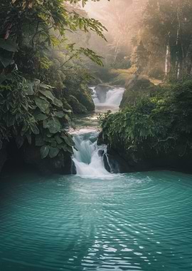 Tropical Waterfall in Lush Greenery