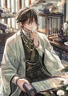 Elegant Anime Man with Scroll and Brush
