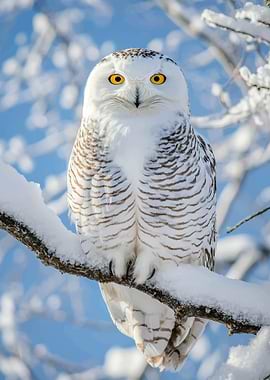 Snowy Owl Perched on Snowy Branch