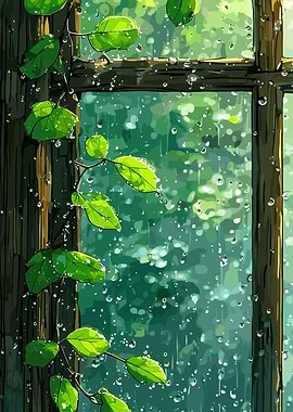Rainy Window with Green Leaves