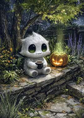 Cute Monster with Coffee and Pumpkin